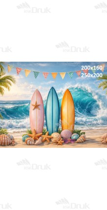 Tło fotograficzne „Kolorowe deski surfingowe z muszlami i falą oceanu” | 4057